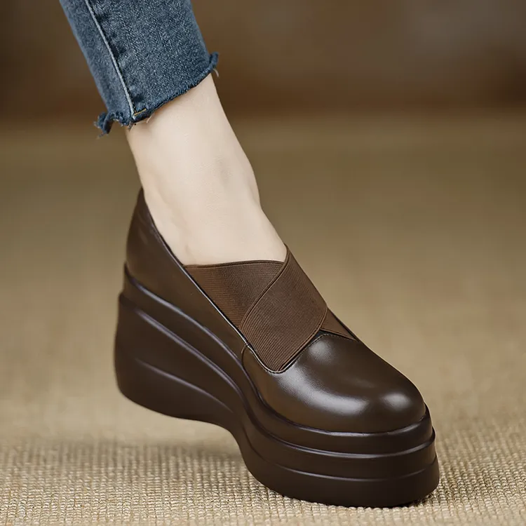 真皮2025春秋新款秋季英伦高跟皮鞋厚底增高松糕鞋圆头一脚蹬单鞋