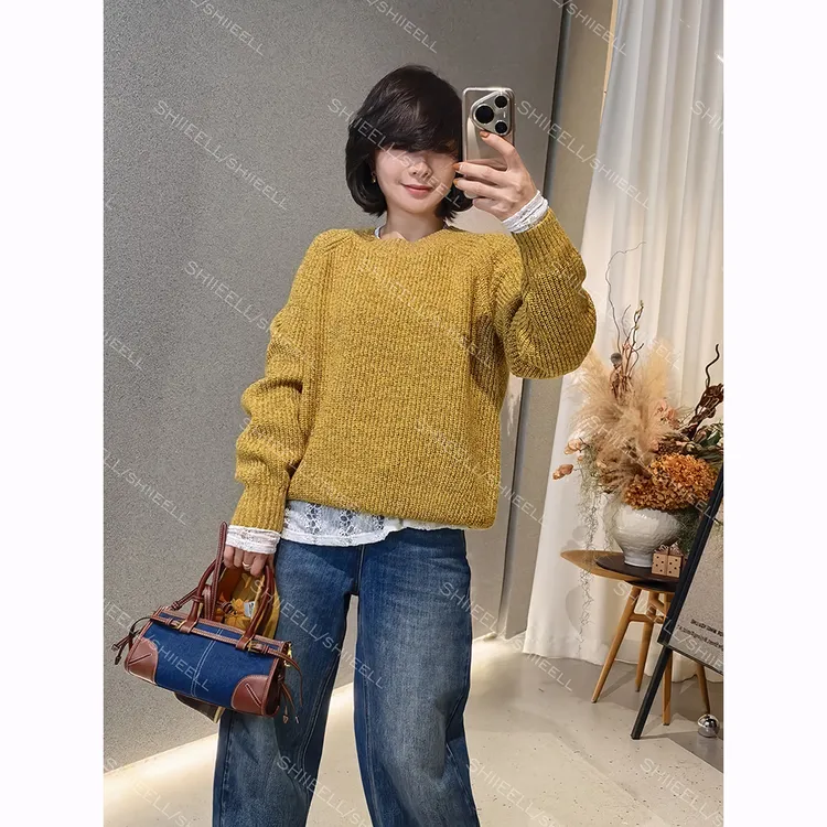 SHIIEELL【温柔花纱】秋冬复古羊毛毛衣圆领宽松厚款保暖毛衫Z7626
