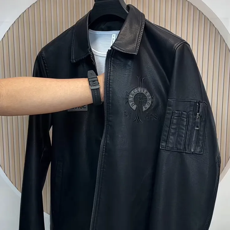 潮流风男士时尚休闲螺纹下摆加绒皮衣毛领可拆卸