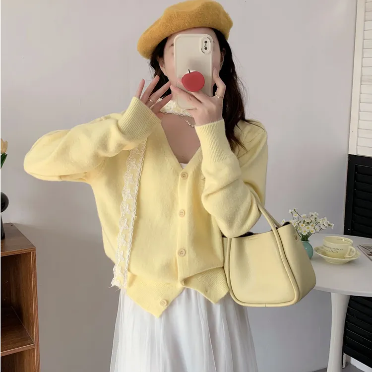 奶fufu软糯蕾丝飘带氛围感开衫针织衫女春季新款洋气V领毛衣外套