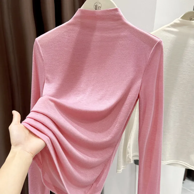 粉色半高领针织打底衫女爆款2025新款秋冬长袖薄款内搭高级感上衣