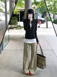 150小个子美式微喇叭牛仔裤女秋季新款卡其色低腰拖地不贴腿裤子