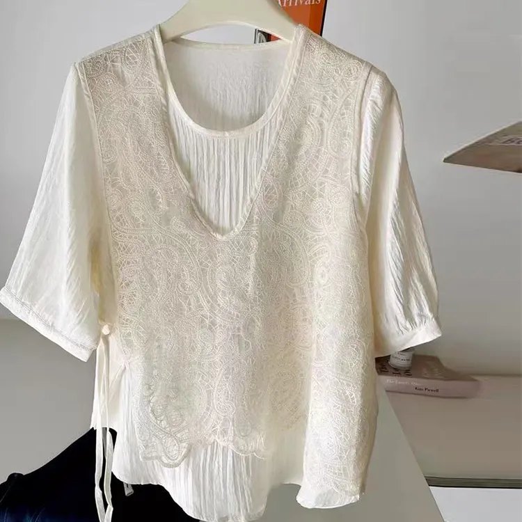2025新款蕾丝假两件短袖衬衫女夏季洋气宽松显瘦短袖t恤上衣8221
