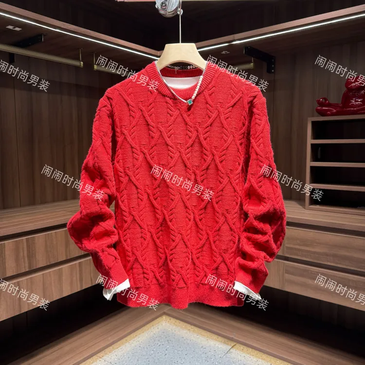 冬季新年款高级感麻花纹时尚纯色红毛衣针织衫套头百搭休闲82549