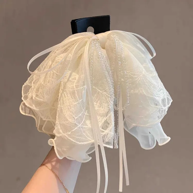 高级感刺绣蕾丝蝴蝶结马尾抓夹新款水晶盘发夹子轻奢后脑勺鲨鱼夹