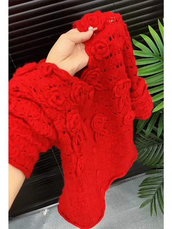 法式复古红色立体花朵长袖针织开衫女秋冬显瘦百搭毛衣高级感上衣