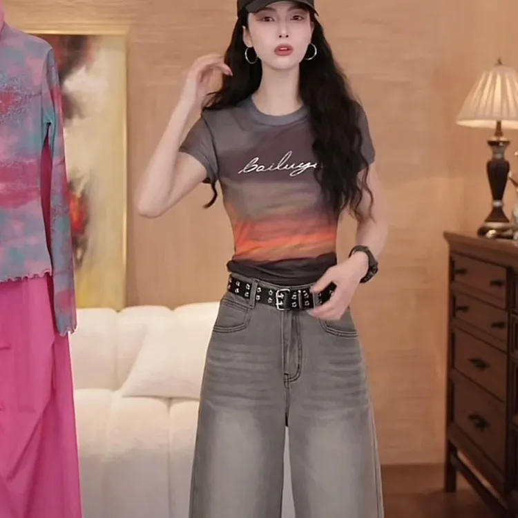 高级感网纱晕染印花短袖T恤女夏季2025新款辣妹打底修身短款上衣