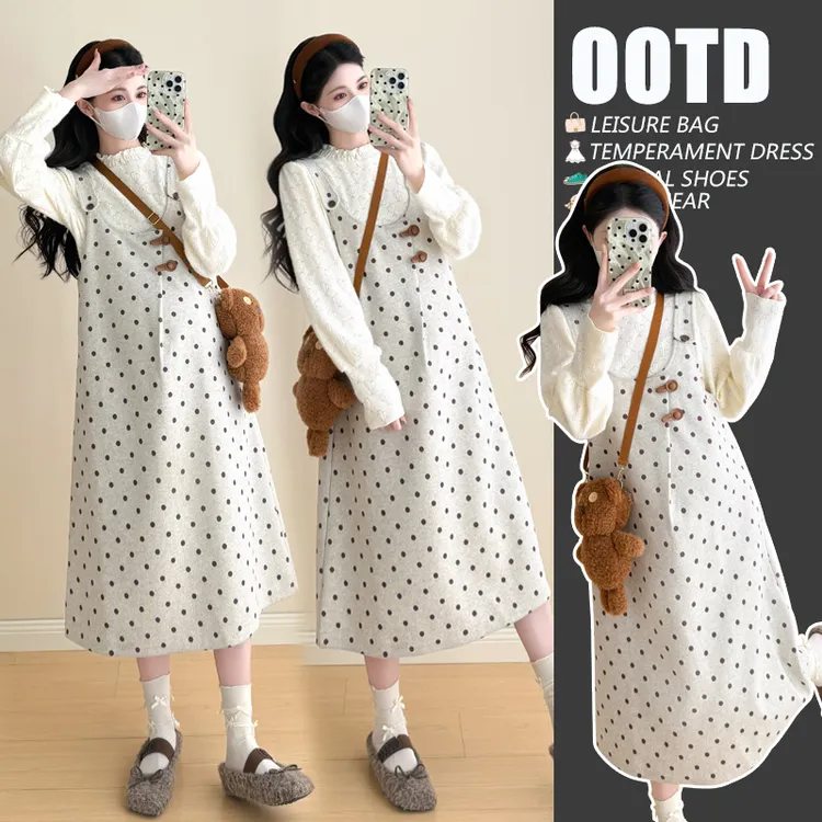 孕妇装连衣裙套装2025新款时尚高级感秋冬长袖上衣秋季背带裙秋装