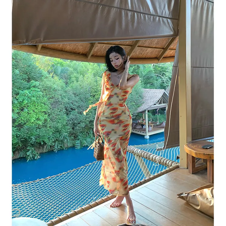 【麦穗黄昏】ins法式复古轻熟风御姐范气质木耳边吊带连衣裙夏新款