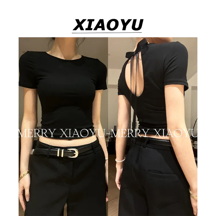 小鱼【时髦秘密】松弛感蝴蝶结露背修身短款T恤显瘦正肩上衣