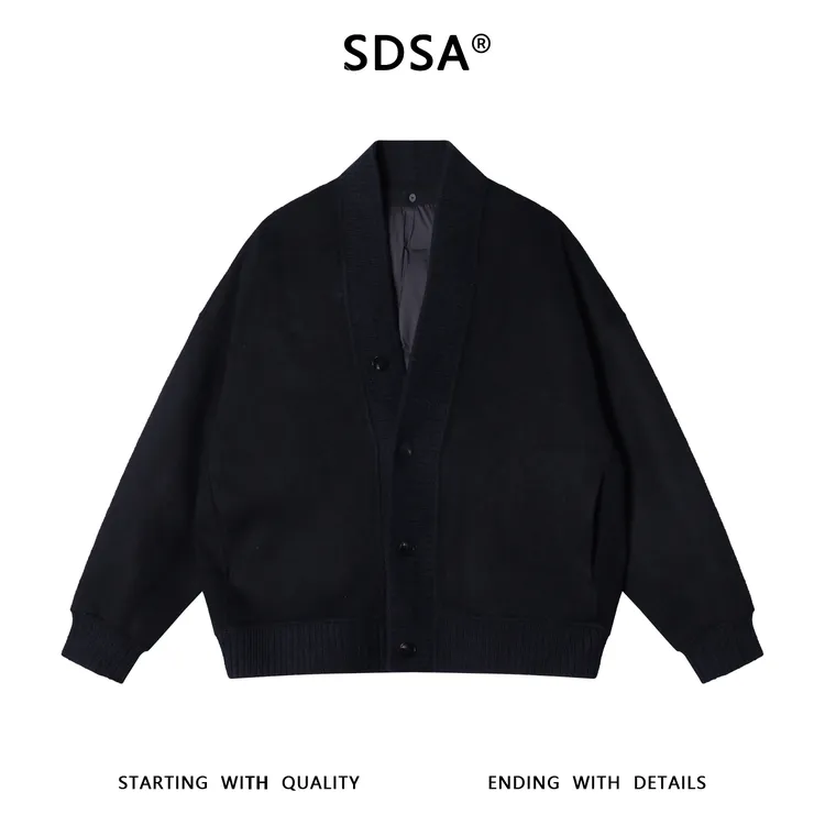 SDSA男士秋冬新款痞帅男装潮牌纯色V领羊毛大衣羽绒服两件套百搭
