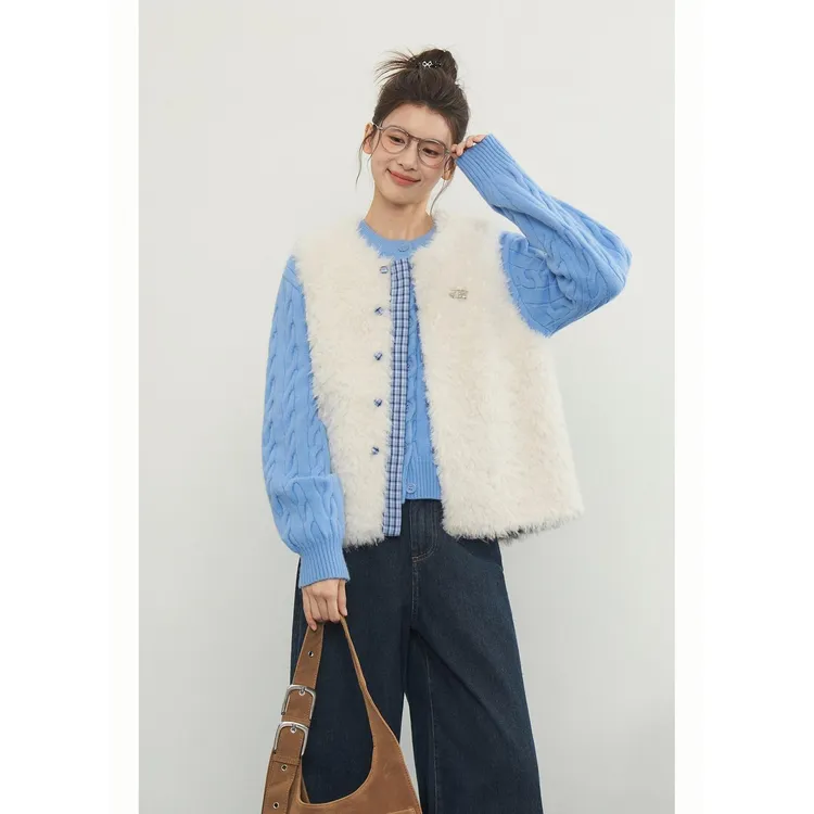 原野韩系温柔慵懒风蓝色麻花毛衣针织开衫女秋冬季毛毛马甲套装