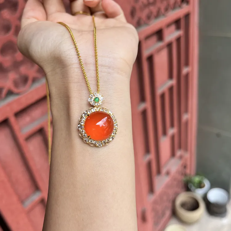 保山南红天然原矿冰红金镶吊坠全品无注胶无优化镶嵌红色中国红