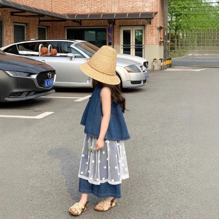 女童夏季牛仔套装新款潮酷穿搭儿童女孩牛仔背心套装蕾丝半裙