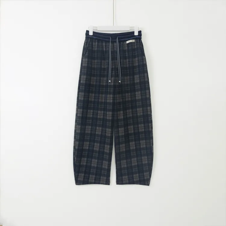 几里与麻 复古格子抽绳拼接阔腿裤 裤长102 2082349