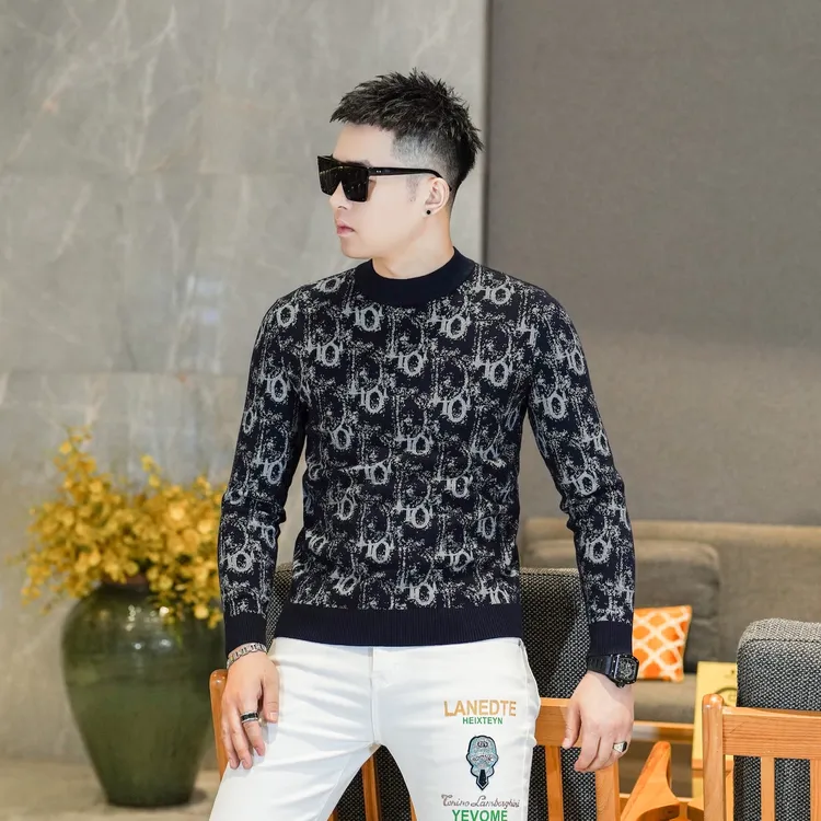 2025冬季男士字母织花山羊绒混纺针织衫长袖打底衫潮流毛衣KL5901