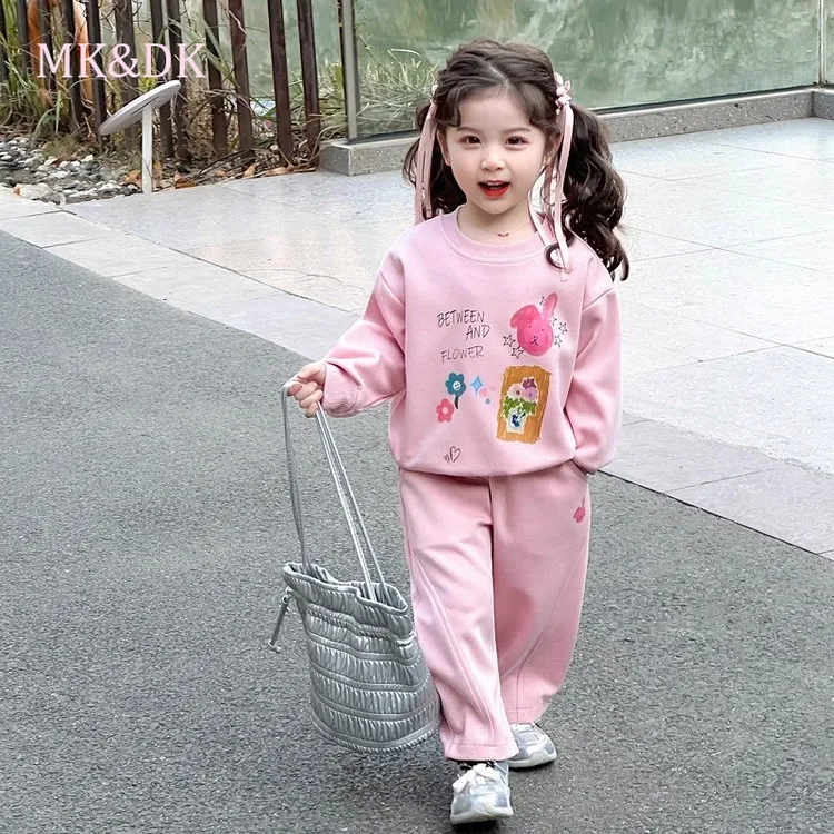 MK&DK女童早秋衣服2025年秋装新款洋气时髦女宝宝卡通卫衣两件套
