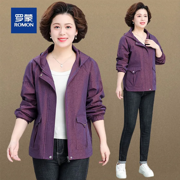 罗蒙小个子妈妈秋装新款洋气外套中老年人女宽松夹克休闲印花风衣
