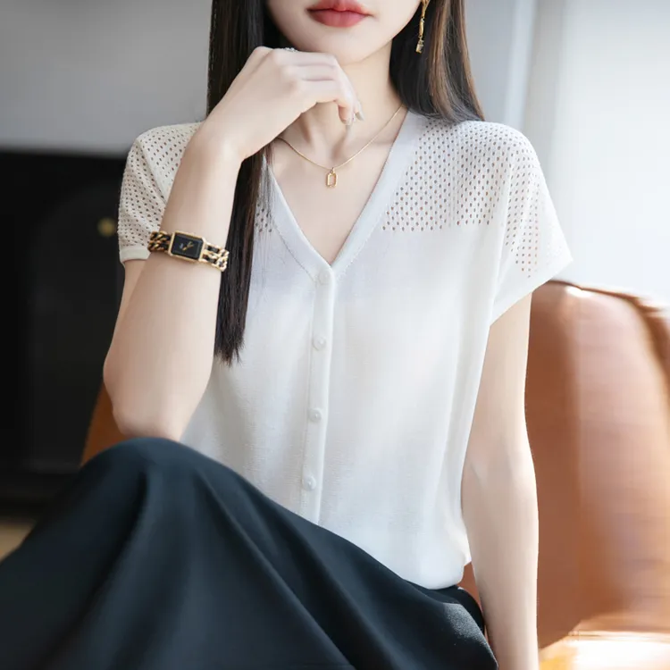 设计感V领镂空天丝短袖针织开衫女T恤舒适晾感短款小飞袖上衣小衫