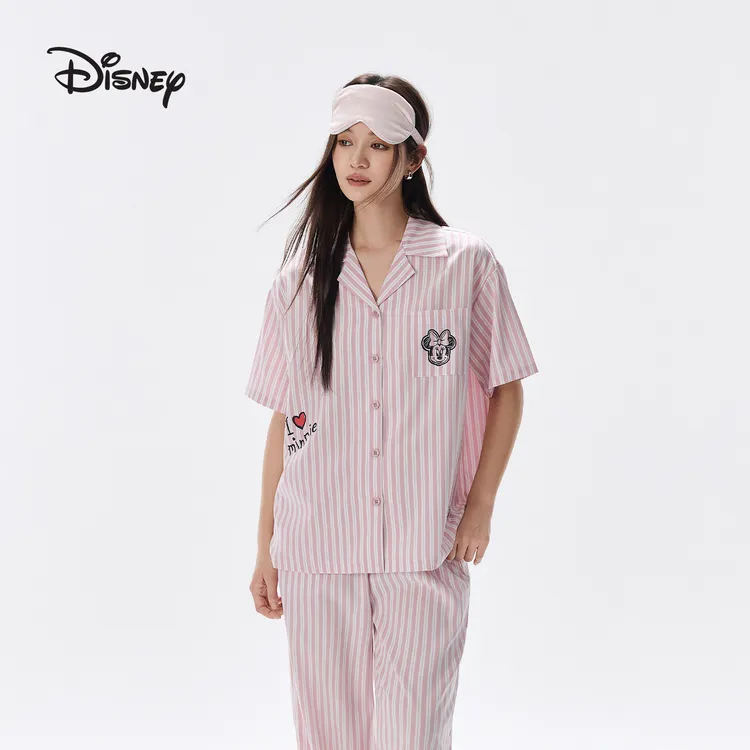 迪士尼米妮莫代尔棉可外穿休闲短袖条纹衬衫睡衣家居服套装春夏女