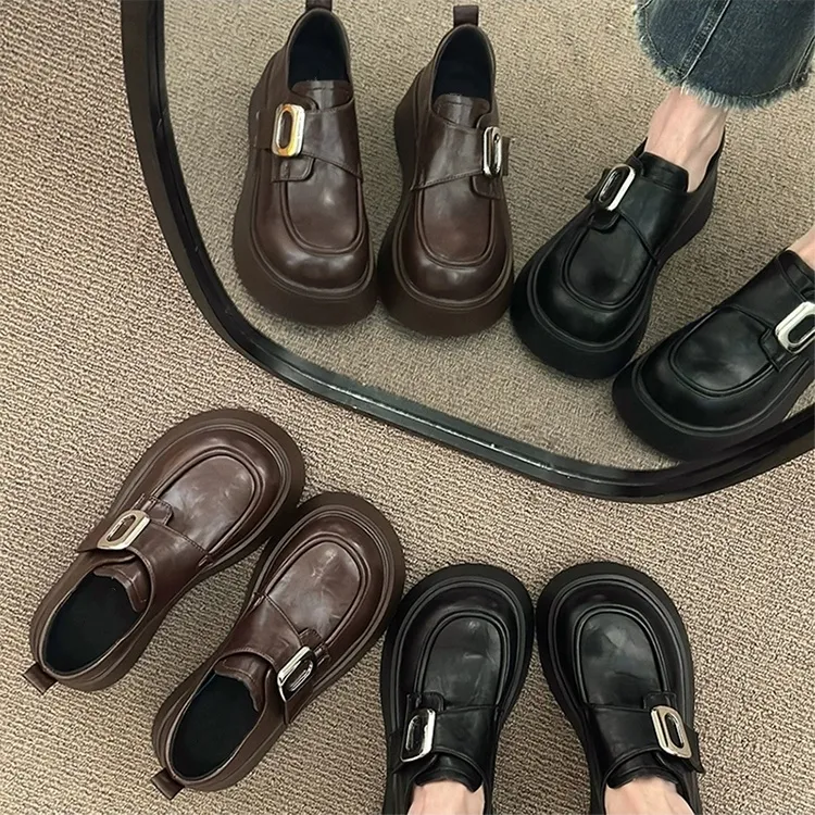 厚底乐福鞋2025年秋季新款休闲增高英伦风圆头金属搭扣单鞋女款