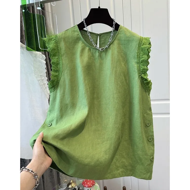 法式时尚显瘦圆领拼接木耳边蕾丝小飞袖衬衫女上衣宽松减龄夏2025