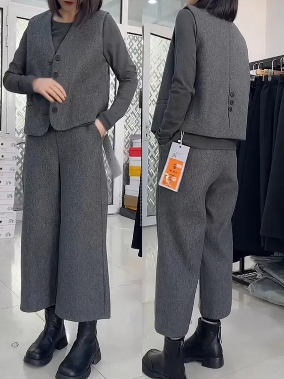 女森说秋季新款时尚毛呢套装休闲减龄无袖马甲背心高腰西裤两件套