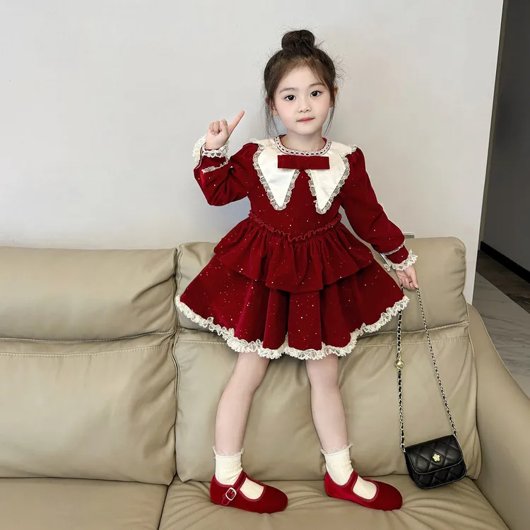 女童甜美娃娃领闪闪丝绒连衣裙2025冬新款女孩加绒公主裙新年礼服
