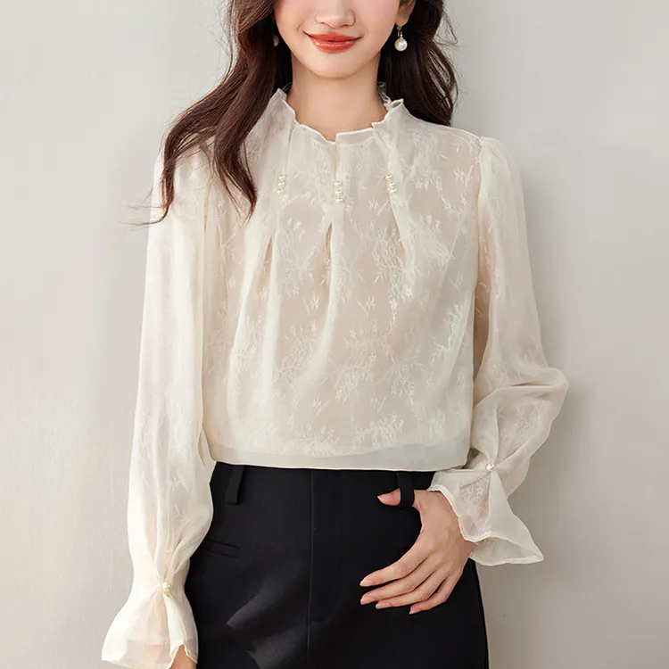 新中式刺绣荷叶领雪纺衬衫女春季新款妈妈时尚设计感百搭长袖上衣