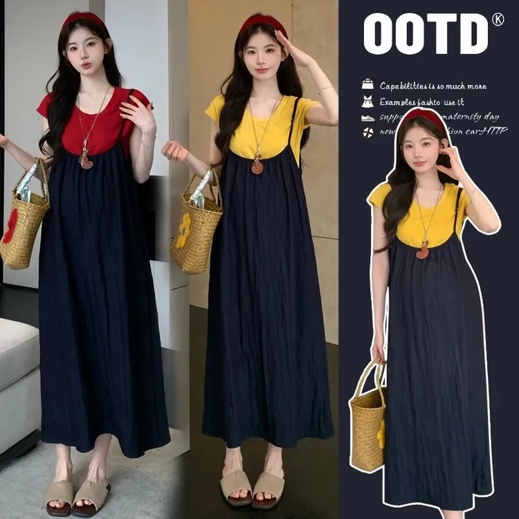 孕妇装夏装套装新款时尚韩版洋气显瘦短袖T恤上衣休闲背带连衣裙1