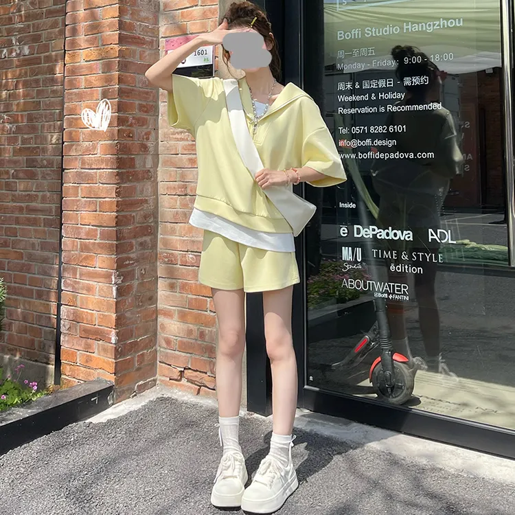 2025夏季新款时尚韩版撞色休闲显瘦假两件短袖T恤+高腰短裤两件套