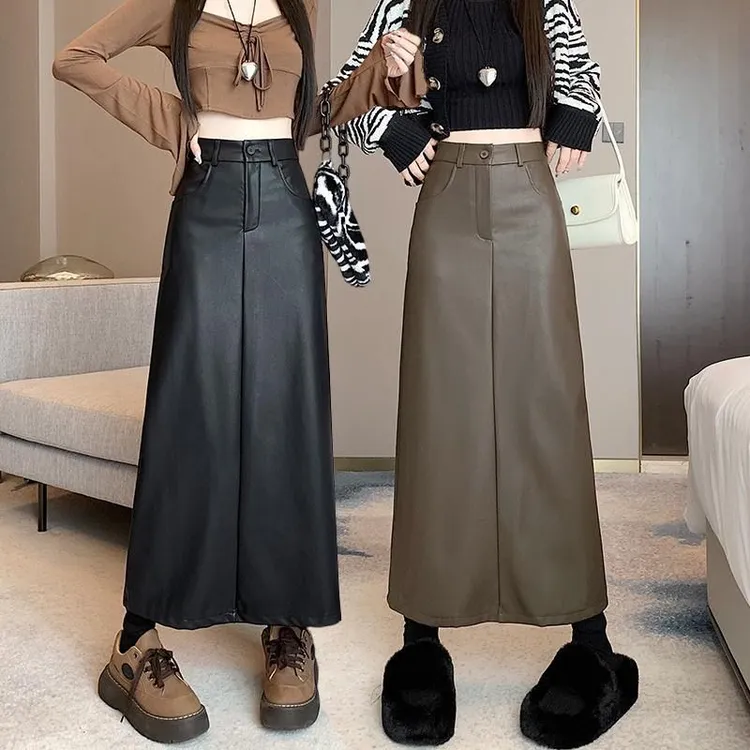 pu皮裙半身裙女秋冬季2025新款中长款高腰开叉黑色包臀a字长裙子
