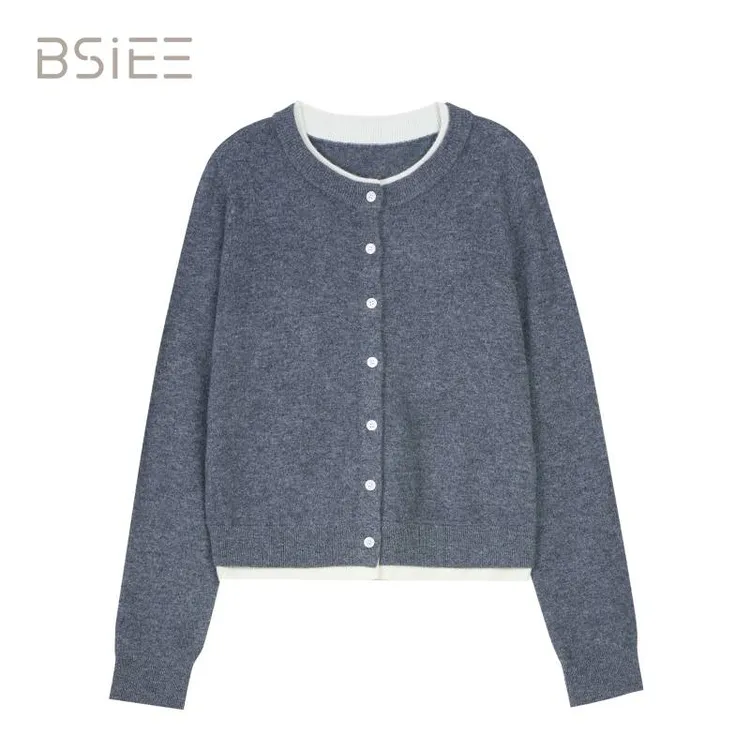 BSIEE/本涩2025年冬季新款高级感假两件撞色拼接休闲毛衣开衫