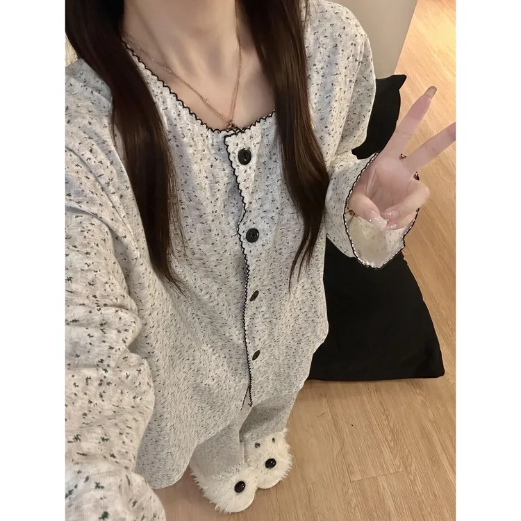 韩系甜美碎花长袖睡衣女春秋2025新款休闲大码长裤套装家居服外穿