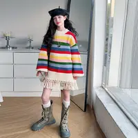 韩系穿搭彩虹条纹流苏套头毛衣女童秋加厚宽松慵懒风中长款针织衫