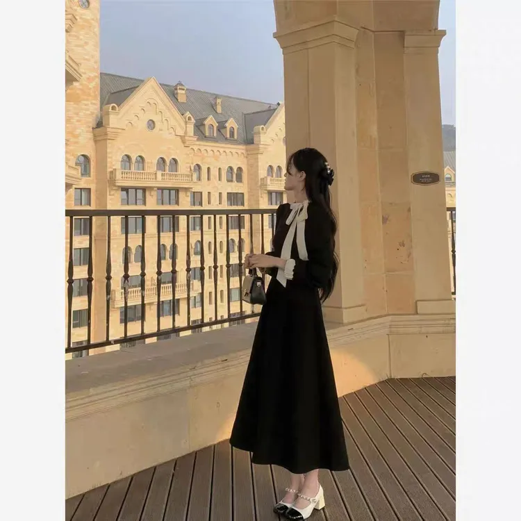 黑色法式气质小香风高端精致蝴蝶结连衣裙 A5-3256