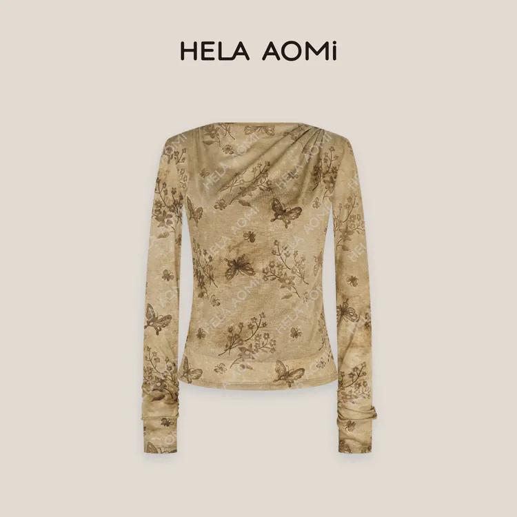 HELAAOMI “浮雕蝶影”蝴蝶印花港风文艺打底衫修身气质百搭上衣T恤