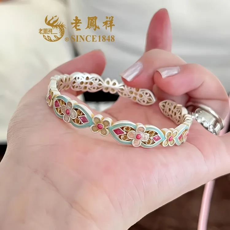 老凰祥足银999珐琅彩银手镯春和景明手镯新中式银手镯送女友礼物