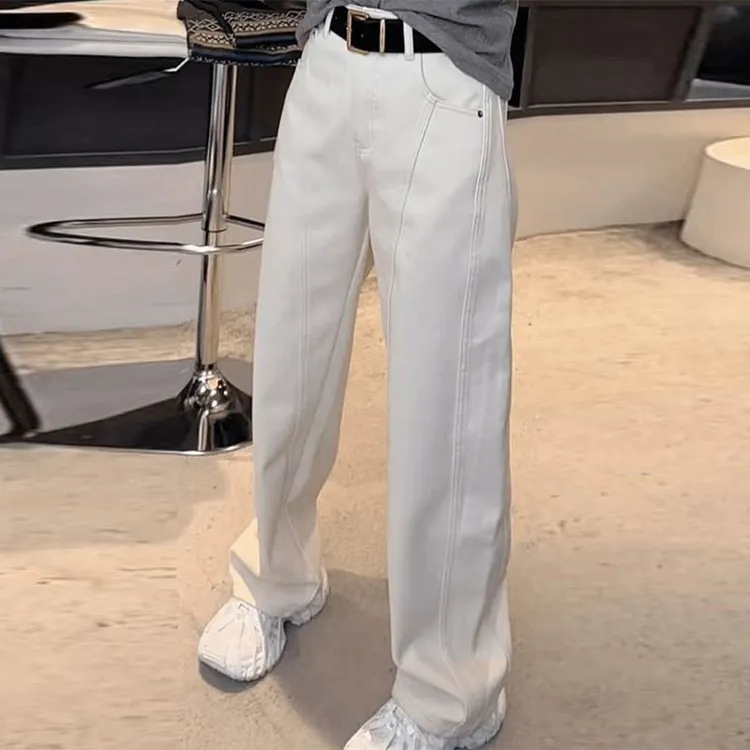 米白色弯刀牛仔裤女2025秋冬加绒大码梨型身材宽松显瘦直筒阔腿裤