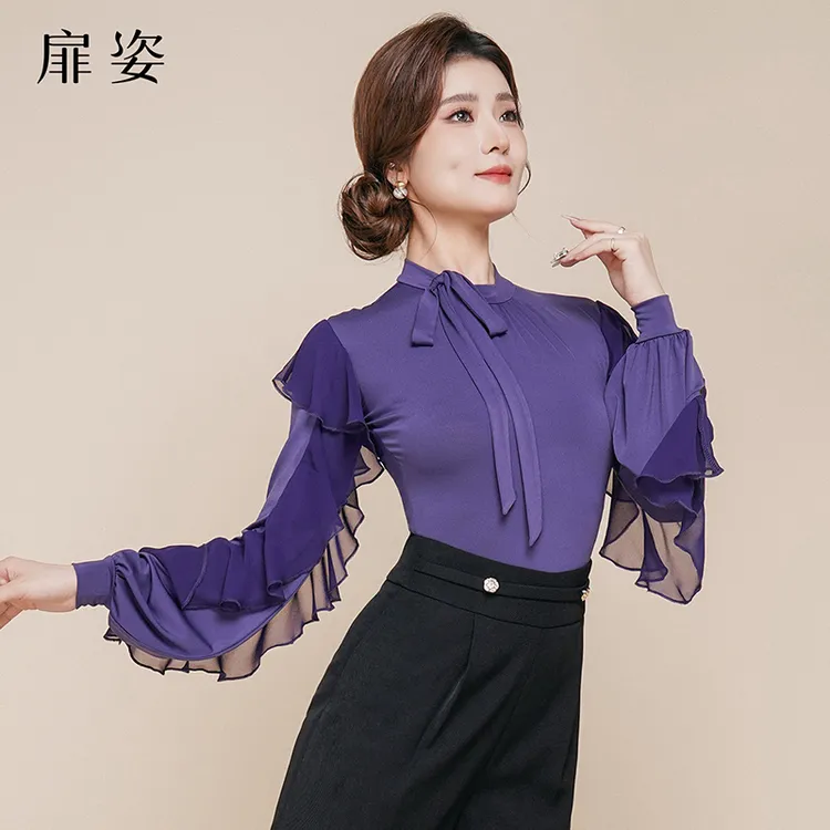 扉姿 摩登舞服女冬季新品荷叶边长袖连体衣交谊舞练功服上衣F1222