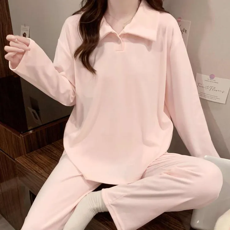 德绒睡衣女秋冬季长袖长裤双面绒保暖可外穿宽松简约家居服两件套