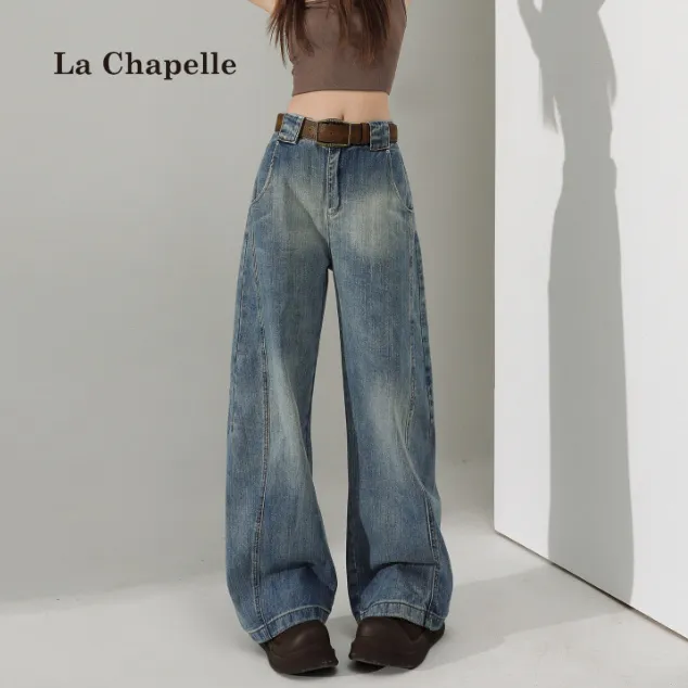 拉夏贝尔浅蓝色镰刀牛仔裤女春季高腰宽松香蕉裤设计感拖地阔腿裤