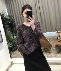 静奢针织 高品进口马海毛羊毛双色纱线 U领毛衣慵懒高级感毛衣女