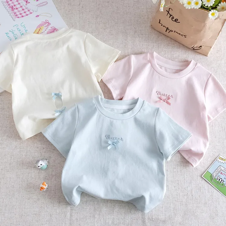 A类女短袖韩版夏季新款洋气蝴蝶结镂空T恤上衣薄款纯色半袖纯棉