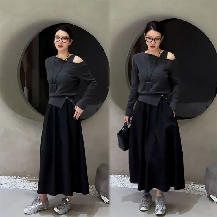 2025秋季新款设计感慵懒百搭减龄露肩长袖上衣女休闲半身裙两件套