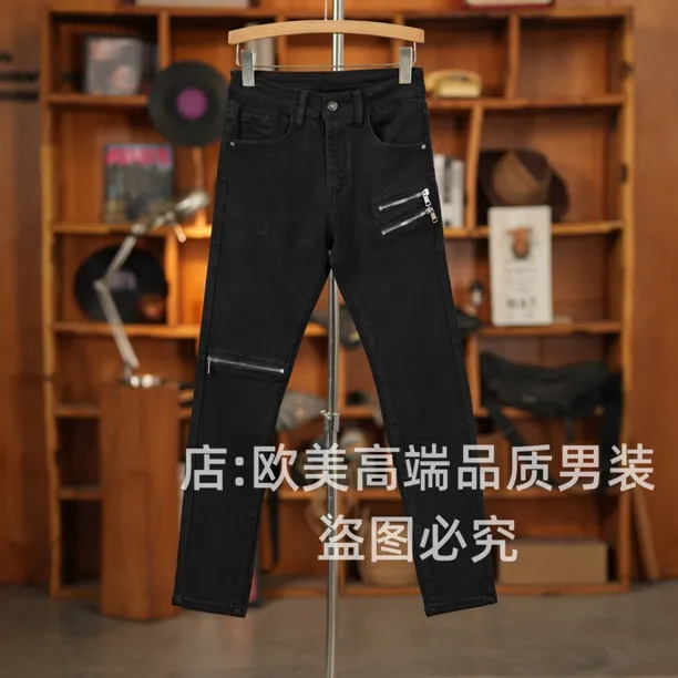 秋冬季原创高端机车风拉链拼接男士黑色牛仔裤修身小直筒弹力个性