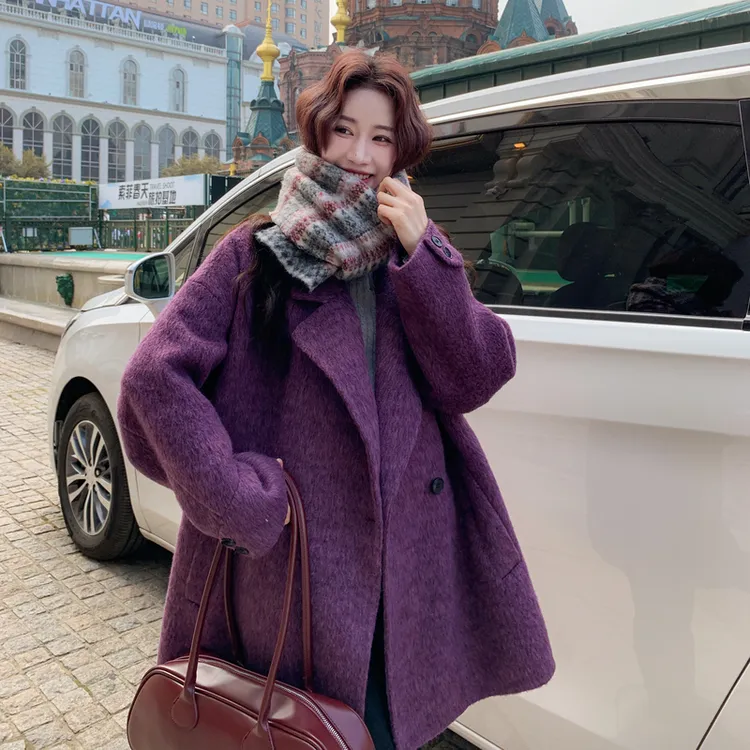 蓝莓紫苏利绒长毛双面呢羊毛大衣女秋冬季2025新款慵懒风毛呢外套