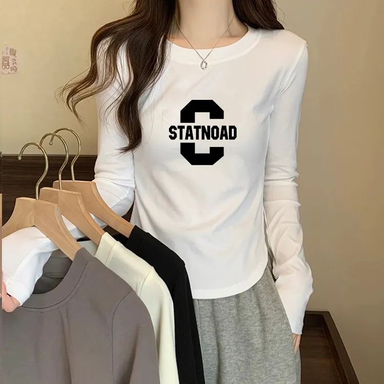 春秋新款纯棉长袖T恤女打底衫纯色上衣舒适显瘦百搭圆领弧形下摆