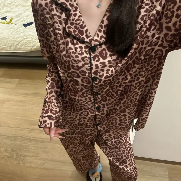 250斤胖妹妹大码冰丝睡衣春秋季长袖长裤豹纹可外穿家居服套装