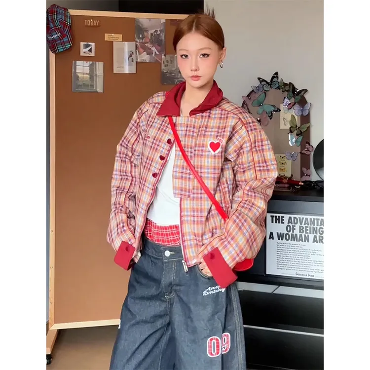 港味复古红色格子短款外套女春秋季新款宽松休闲百搭夹克棒球服潮